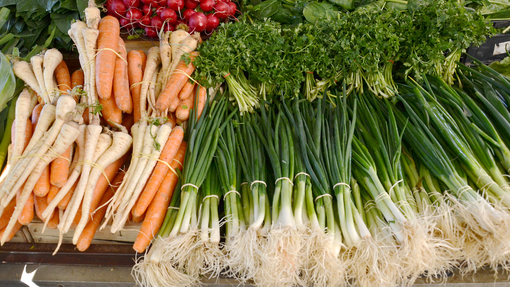 Spring onions, carrots, raddishes and parsnips at a market stall